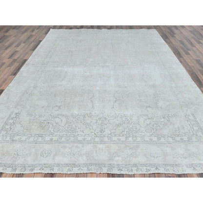9'7"X13'2" Gray Hand Knotted Old Farsian Tebraz Worn Wool Distressed Rug