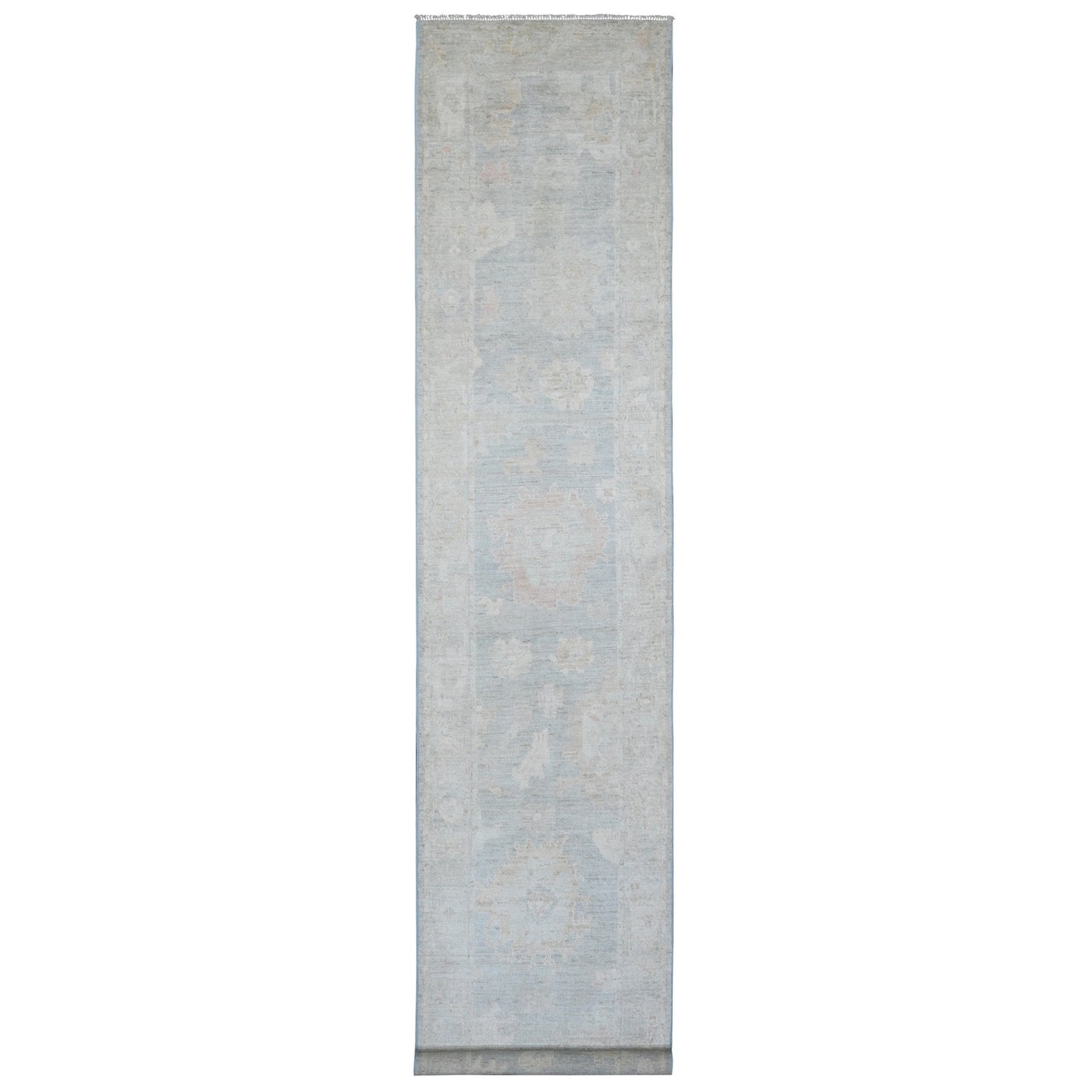 3'1"X15'6" Gray Angora Oushak Leaf Design Hand Knotted Wool Runner Rug
