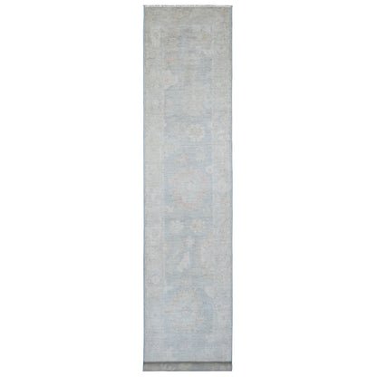 3'1"X15'6" Gray Angora Oushak Leaf Design Hand Knotted Wool Runner Rug
