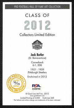 Jack Butler Signed/Inscribed Glac Goal Line Art Postcard Gold Seal 35/100 Psa