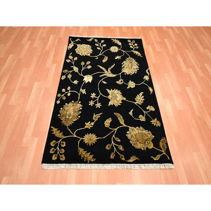Rug 4'x6' Midnight Black Botanical Design Wool and Silk Hand Knotted