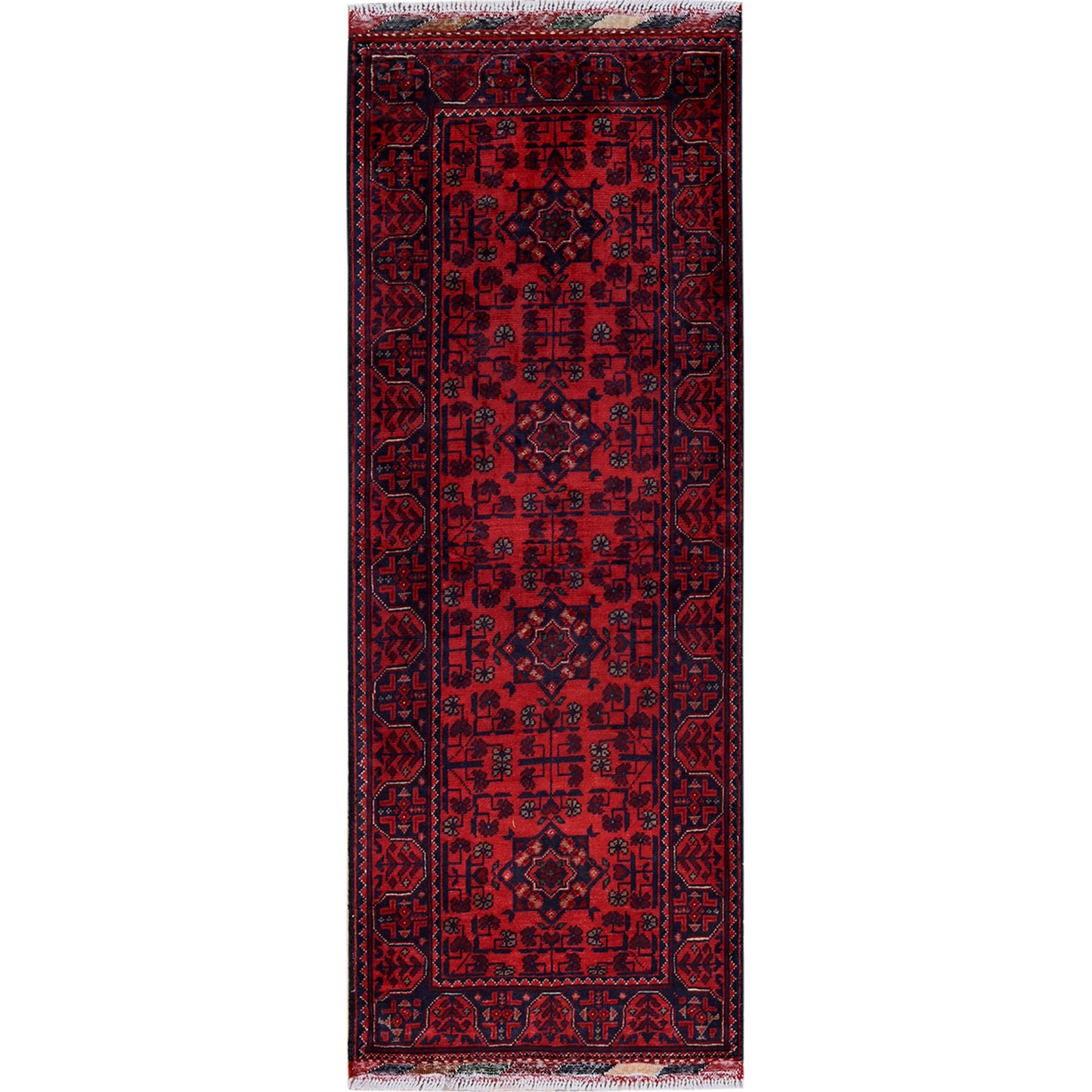 1'9"X4'9" Red Afghan Khamyab Geometric Design Hand Knotted Wool Runner Rug