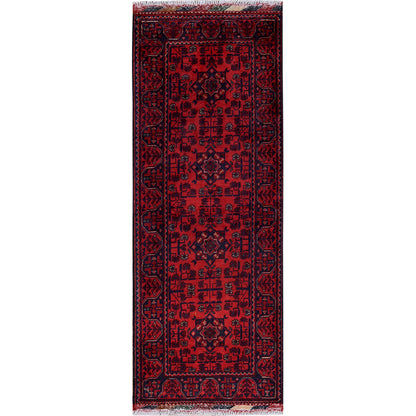 1'9"X4'9" Red Afghan Khamyab Geometric Design Hand Knotted Wool Runner Rug