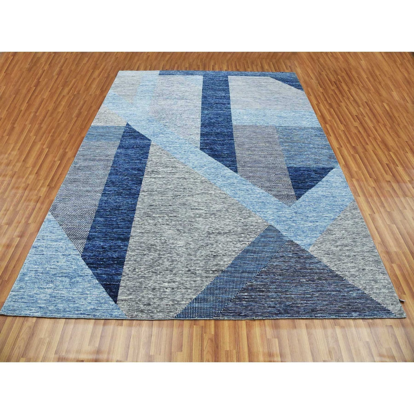9'2"X11'10" Blue Geometric Art Deco Collection Wool Hand Knotted Rug