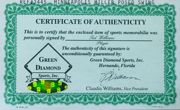 Ted Williams Signed Minneapolis Miller Posed Swing Framed 16X20 Photo (Green Dia