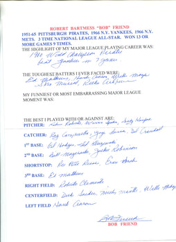 Bob Friend Autographed Hand Filled Out Survey Page