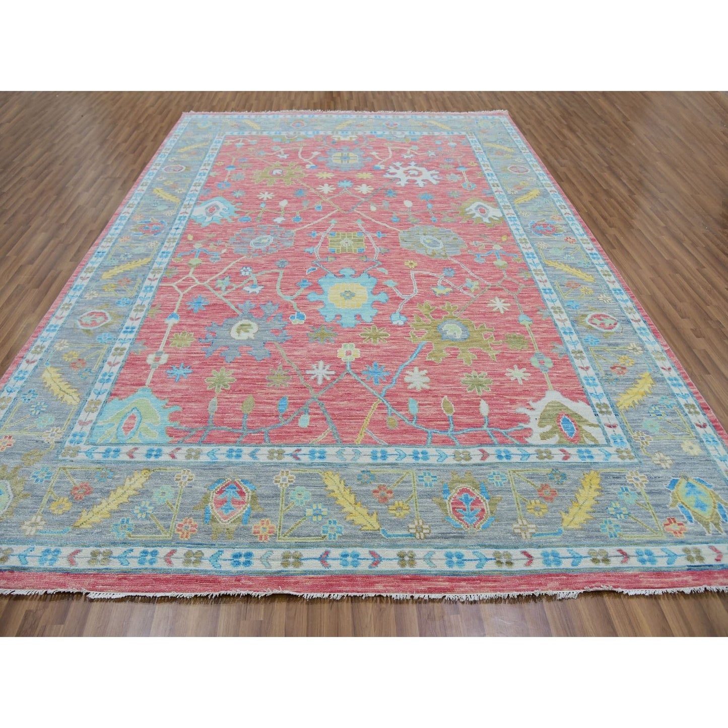 10'1"X14' Coral Pink Hand Knotted Oushak Weave And Design Pure Wool Rug