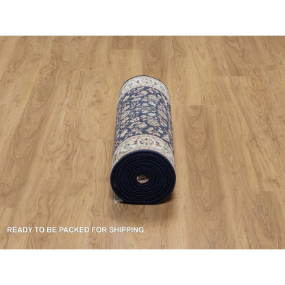 2'6"X13'3" Blue Nain Flower Design Wool And Silk Hand Knotted Runner Rug