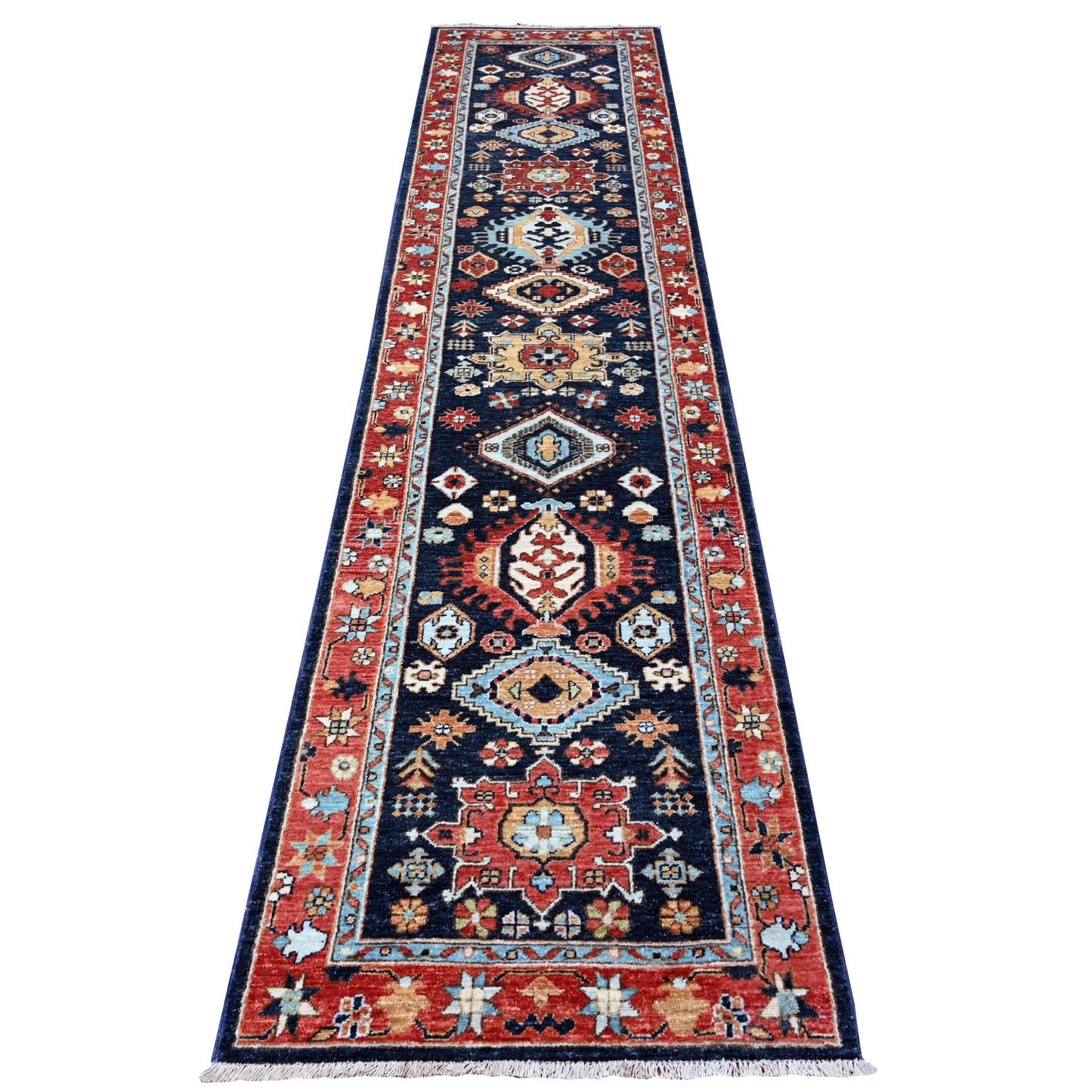 2'7"X11'8" Blue Karajeh Design Pure Wool Fine Aryana Runner Oriental Rug