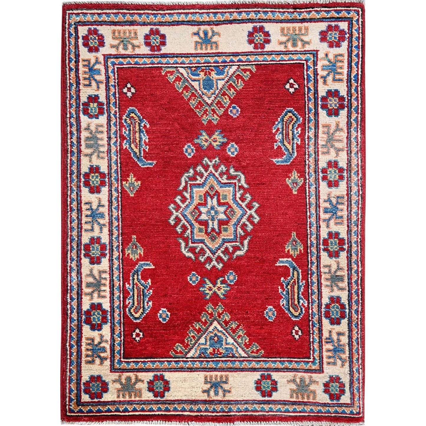 2'1"X3'1" Red Kazak With Medallion Design Hand Knotted Soft Wool Sample Rug