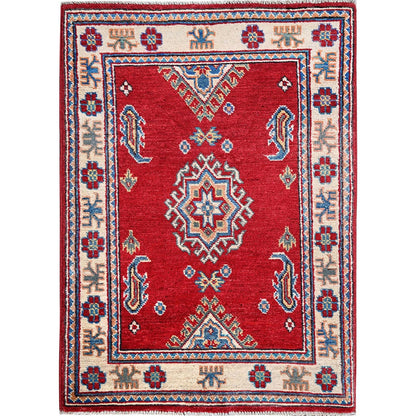 2'1"X3'1" Red Kazak With Medallion Design Hand Knotted Soft Wool Sample Rug