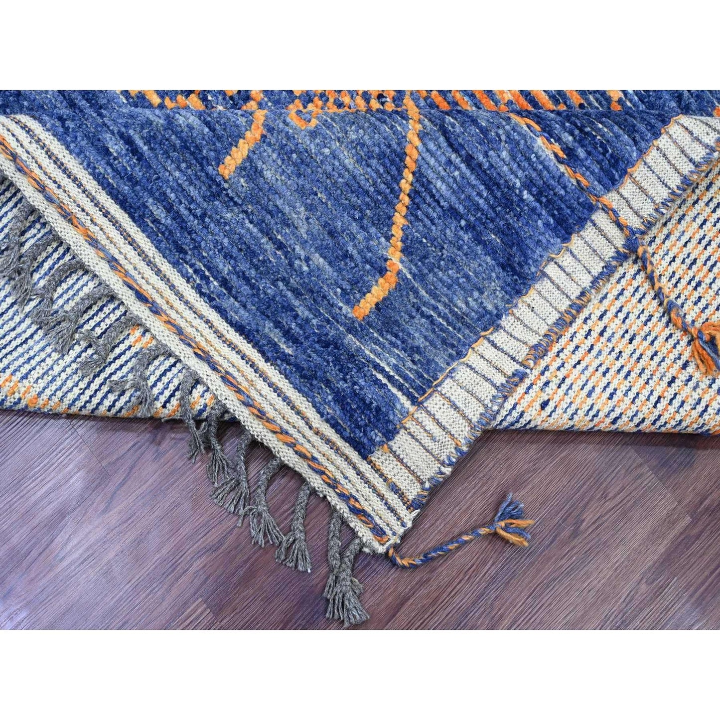 9'X12'5" Blue Moroccan Weave Arts And Crafts Design Hand Knotted Wool Rug