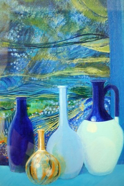 Hlne C. Pichot "Nature Morte Sur Fond Bleu Et Vert" Original Oil Painting