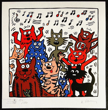 Keith Haring Lithograph From A Painting 'Cats' Coa Signed In Pen Numbered