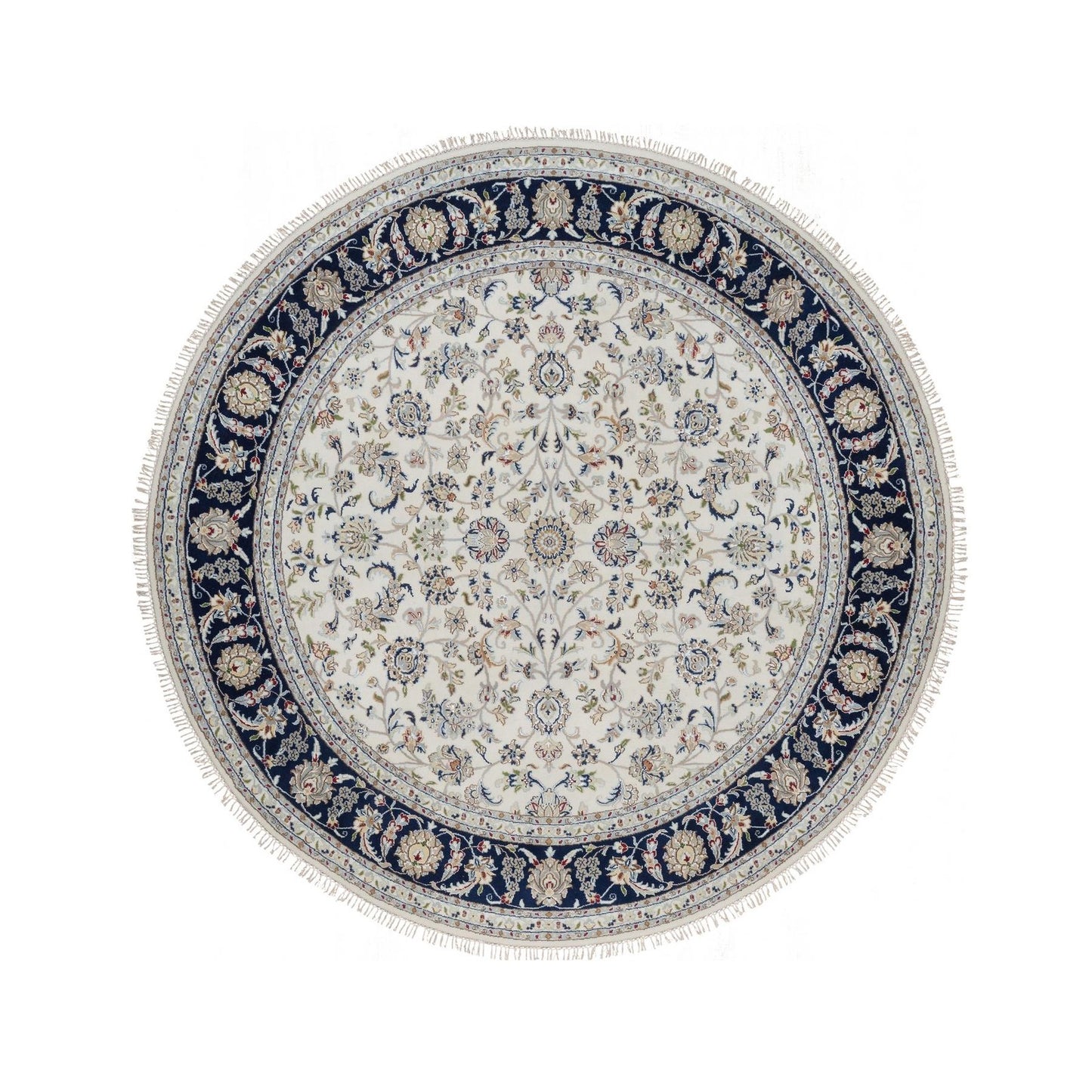 7'9"X7'9" Ivory Wool And Silk Nain Flower Design Hand Knotted Round Rug