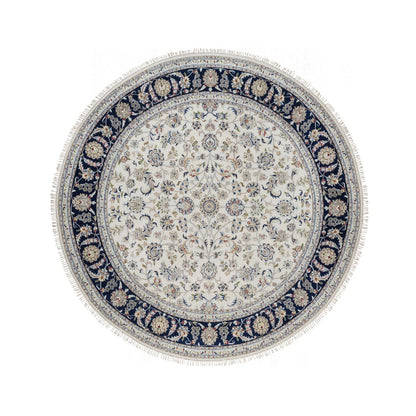 7'9"X7'9" Ivory Wool And Silk Nain Flower Design Hand Knotted Round Rug