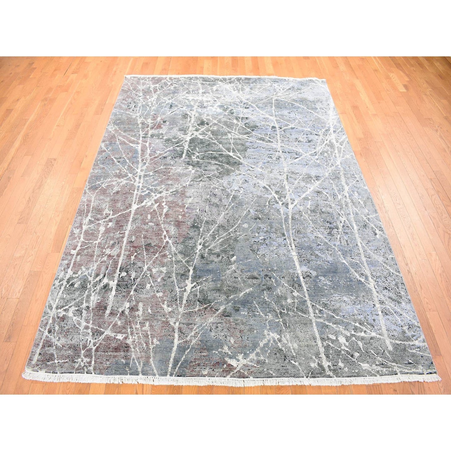 Rug 7'7"x10'1" Gray Hand Knotted Broken Zoroastrian Design Silk with Wool
