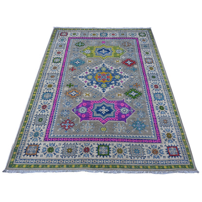 5'X6'8" Thunder Gray Velvety Wool Fusion Kazak Oriental Rug