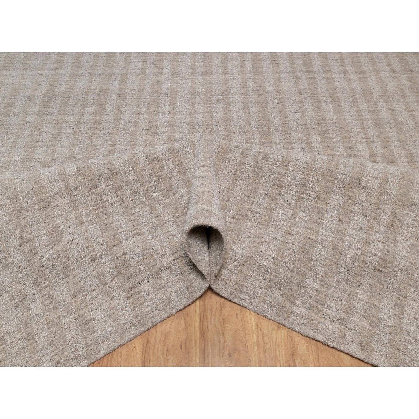 9'X12' Light Brown Vertical Stripes Design Natural Wool Hand Loomed Rug