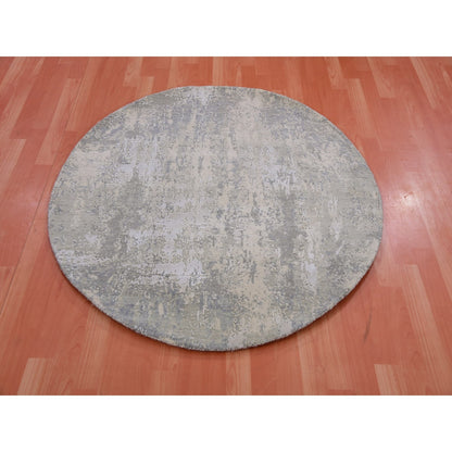 4'X4' Moonquake Gray Wool And Silk Hand Knotted Abstract Design Round Rug