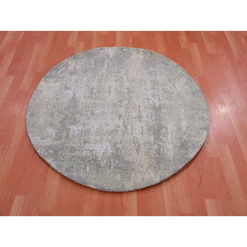 4'X4' Moonquake Gray Wool And Silk Hand Knotted Abstract Design Round Rug