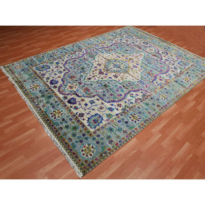 8'8"X12' Blueish Gray Medallion Design Silk With Wool Hand Knotted Rug