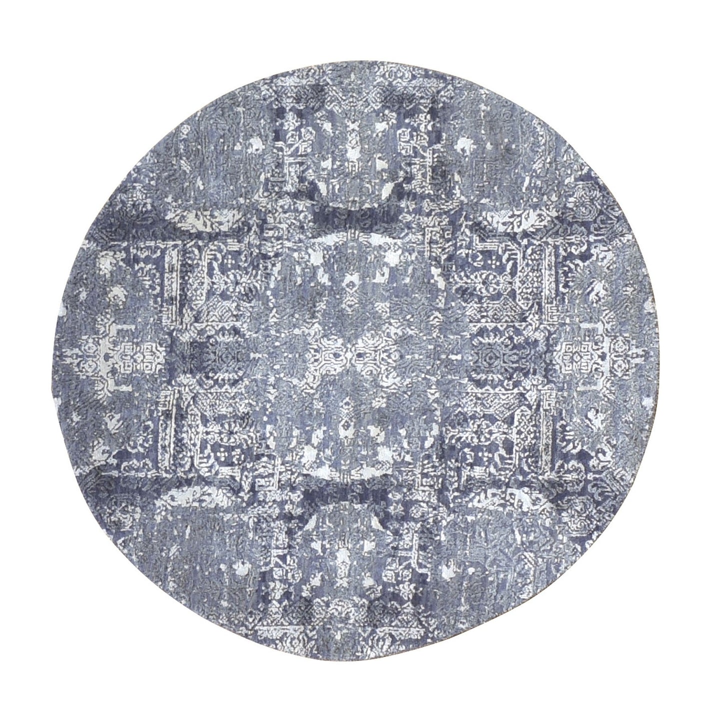 4'X4' Round Gray Wool And Pure Silk Jewellery Design Hand Knotted Rug
