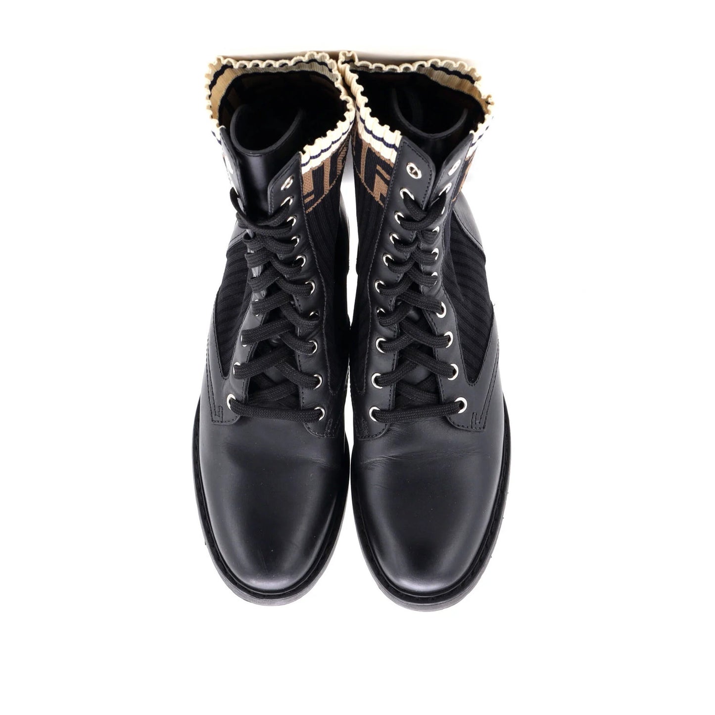 Fendi Women'S Rockoko Combat Boots Leather With Knit Stretch Fabric And Zucca