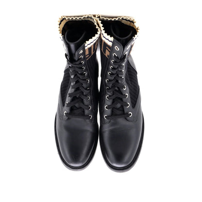 Fendi Women'S Rockoko Combat Boots Leather With Knit Stretch Fabric And Zucca