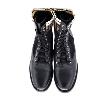 Fendi Women'S Rockoko Combat Boots Leather With Knit Stretch Fabric And Zucca