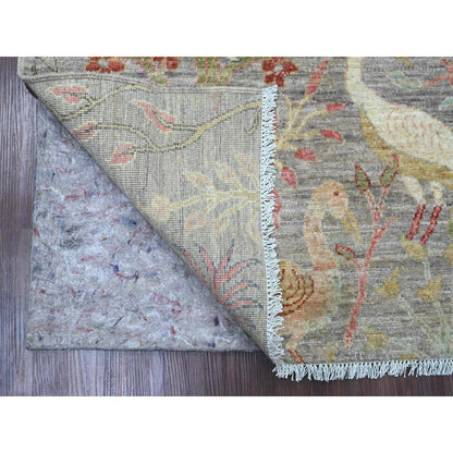 5'X6'9" Mink Gray Hand Knotted Afghan Peshawar Birds Design Soft Wool Rug