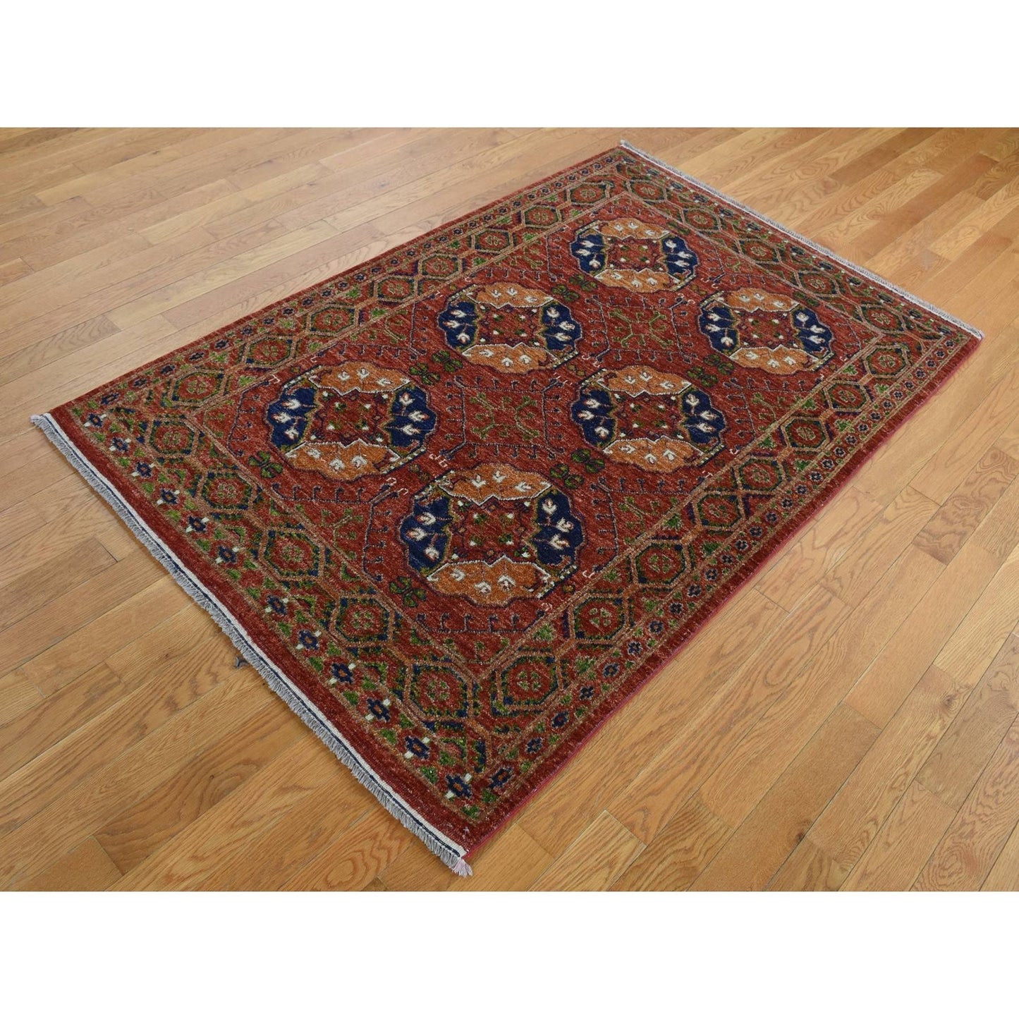 4'1"X6'2" Barn Red Ghazni Wool Afghan Ersari Design Hand Knotted Rug