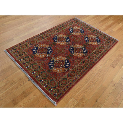 4'1"X6'2" Barn Red Ghazni Wool Afghan Ersari Design Hand Knotted Rug