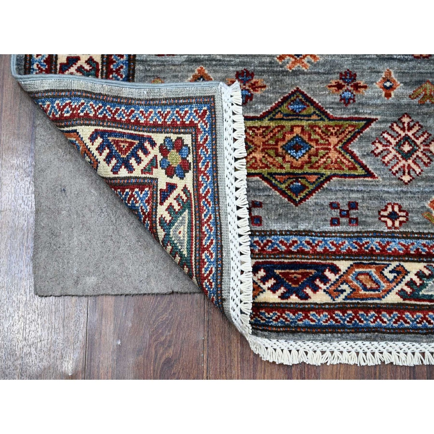 2'5"X6'10" Whale Gray Super Kazak Tribal Elements Hand Knotted Runner Rug