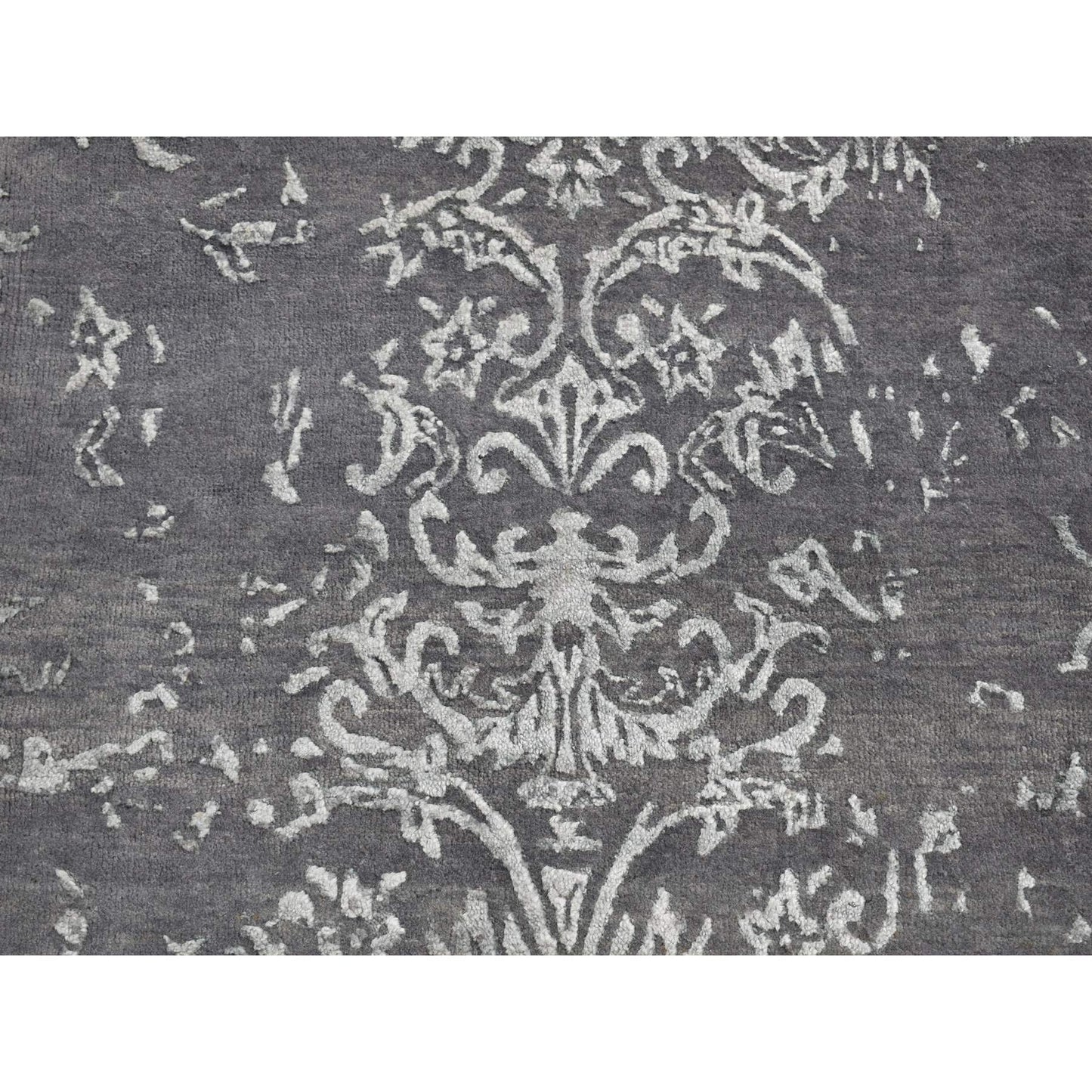 2'9"X6'9" Gray Erased Abarasque Design Wool And Silk Handmade Runner Rug