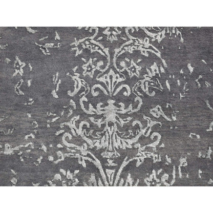 2'9"X6'9" Gray Erased Abarasque Design Wool And Silk Handmade Runner Rug