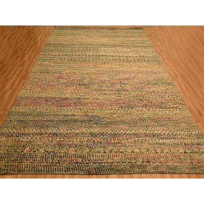 9'X12'3" Brown Sari Silk And Wool Geometric Design Hand Knotted Rug
