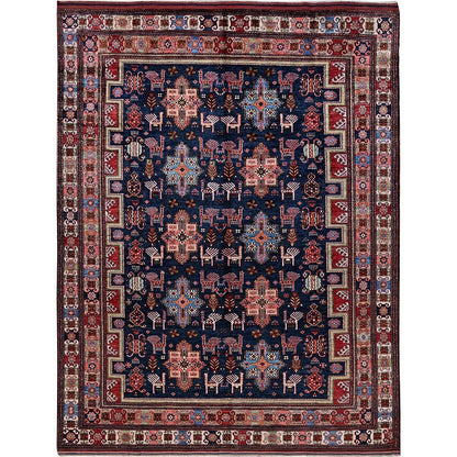 8'2"X10'5" Navy Afghan Ersari Ancient Bird Figurines Hand Knotted Wool Rug