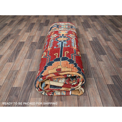 8'10"X12' Red Peshawar With Seeripe Heris Design Hand Knotted Soft Wool Rug