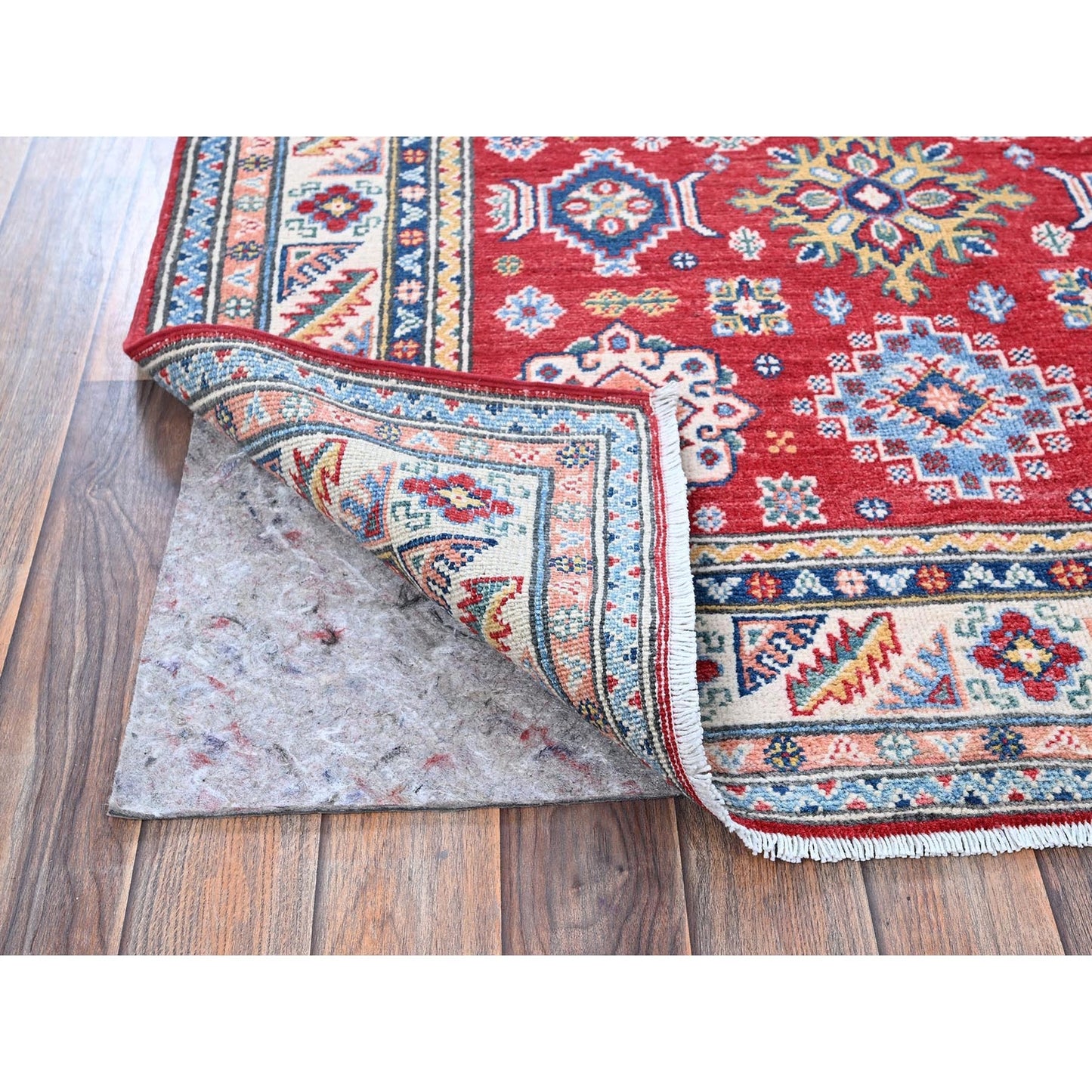 4'X6' Red Kazak With Geometric Medallions Design Soft Wool Hand Knotted Rug