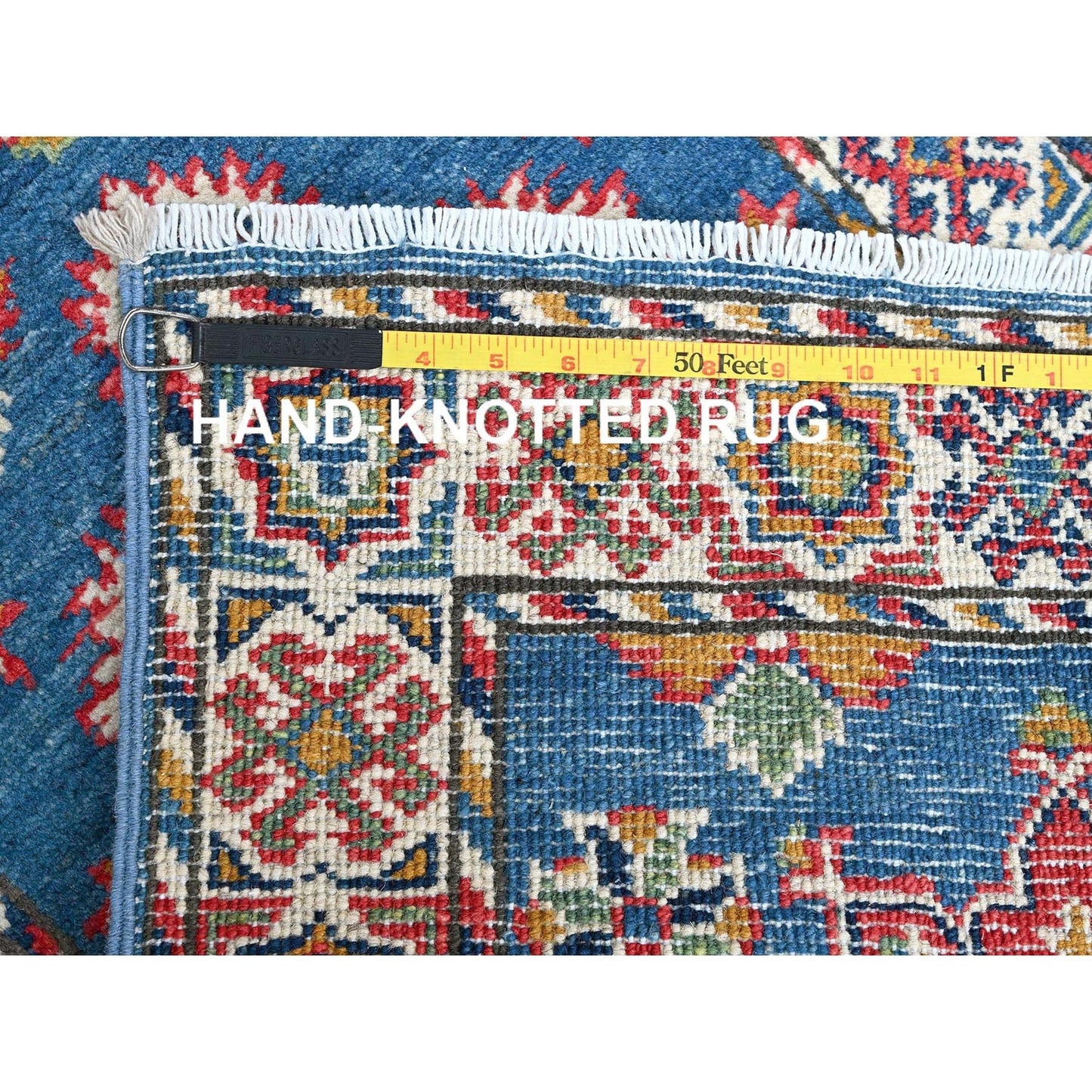 2'X5'9" Blue Kazak With Tribal Design Hand Knotted Soft Wool Runner Rug