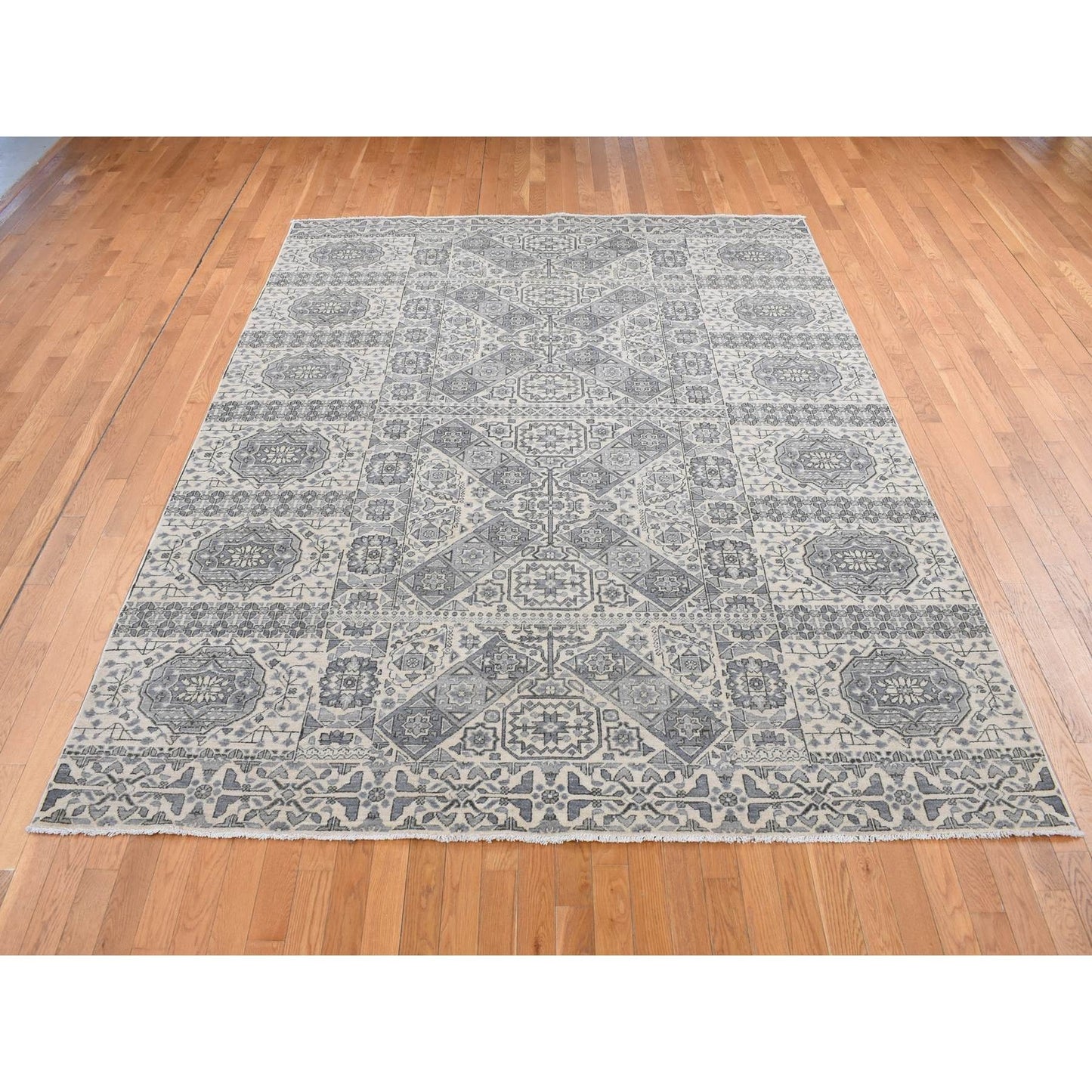 8'2"X10'5" Gray Ottoman Mamluk Design Hand Knotted Undyed Wool Rug