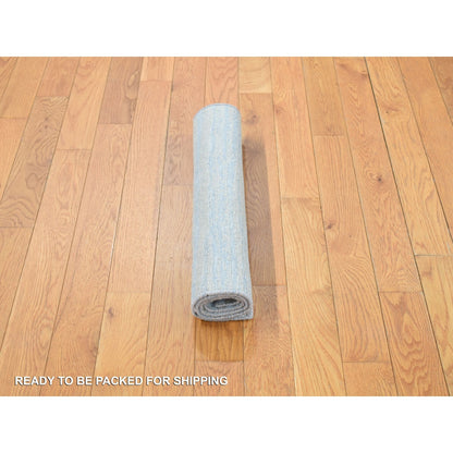 2'X3' Blue Wool And Silk Modern Line Design Hand Knotted Sample Mat Rug