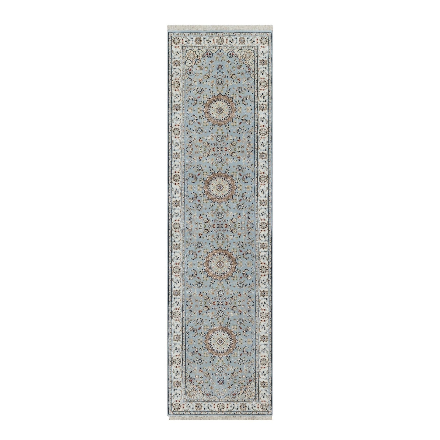 2'8"X10'1" Beau Blue 250 Kpsi Wool And Silk Hand Knotted Nain Runner Rug