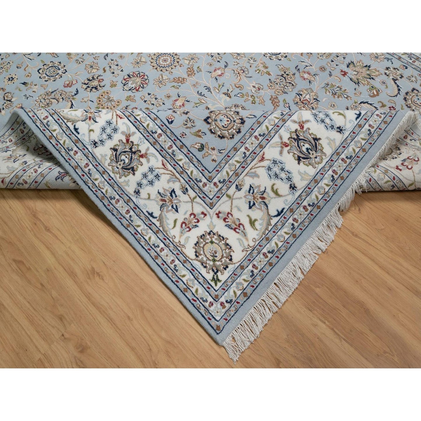 8'2"X10'5" Slate Blue Nain Flower Design Hand Knotted Wool And Silk Rug