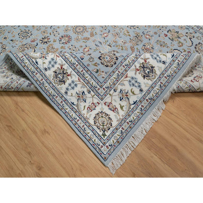 8'2"X10'5" Slate Blue Nain Flower Design Hand Knotted Wool And Silk Rug