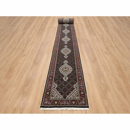 2'4"X27'1" Black Hand Knotted Tebraz Mahi Wool And Silk Runner Rug