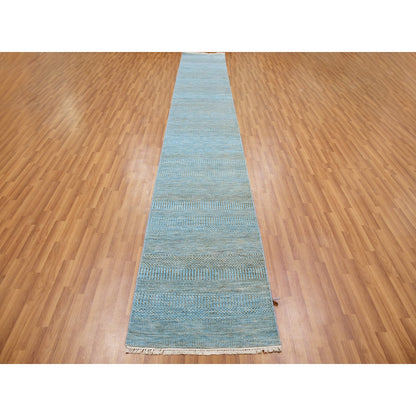 2'6"X16'3" Blue Hand Knotted Wool And Silk Grass Design Xl Runner Rug