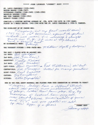 Johnny Hopp Autographed Hand Filled Out Survey Page (Jsa)