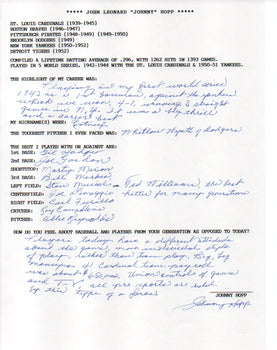 Johnny Hopp Autographed Hand Filled Out Survey Page (Jsa)